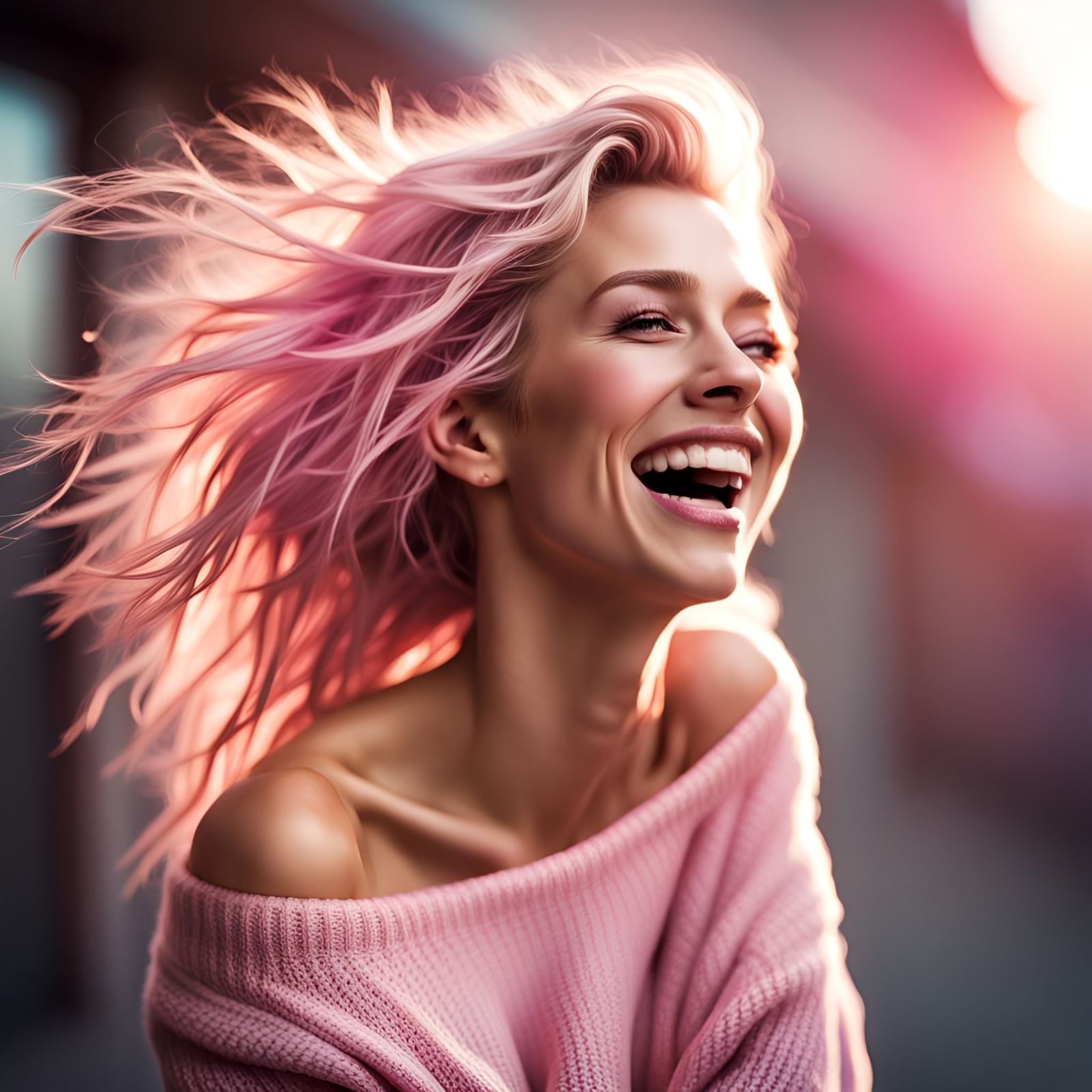 Woman with Pink Highlights Laughing, Hyperrealistic Portrait