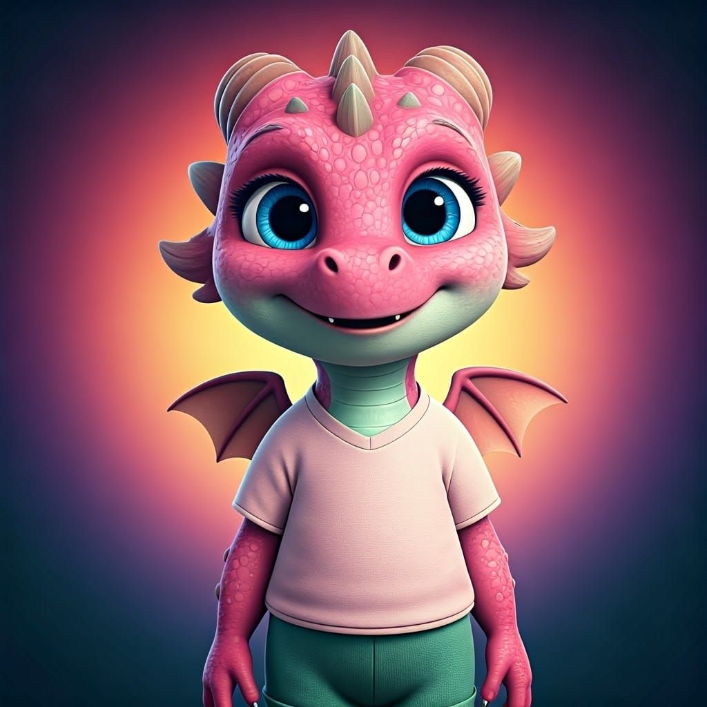 Whimsical Little Dragon Girl in Pastel Colors and Vibrant Ra...
