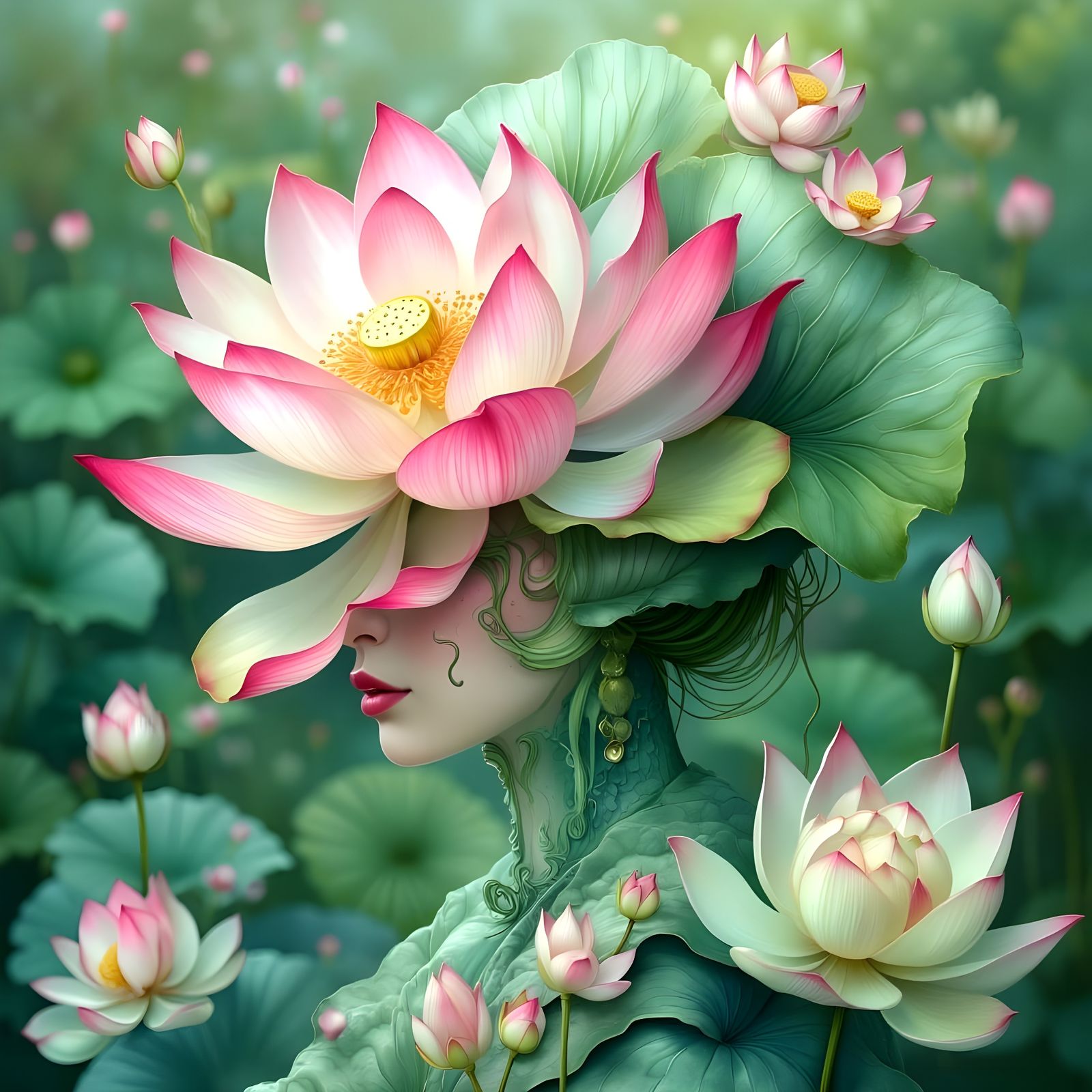 Delicate Lotus Goddess in Misty Watercolour Style