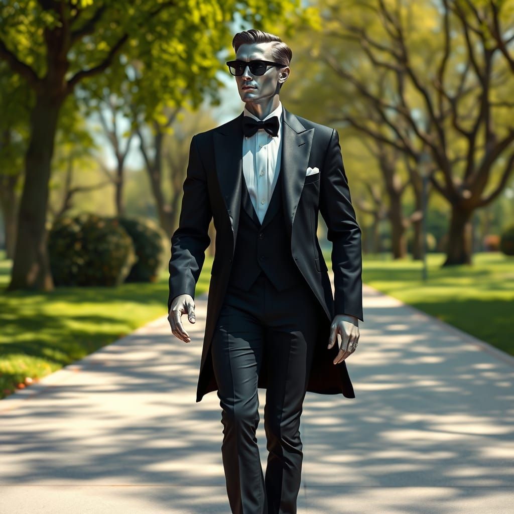 Silver Skin Gentleman Strolls Through Futuristic Parkland