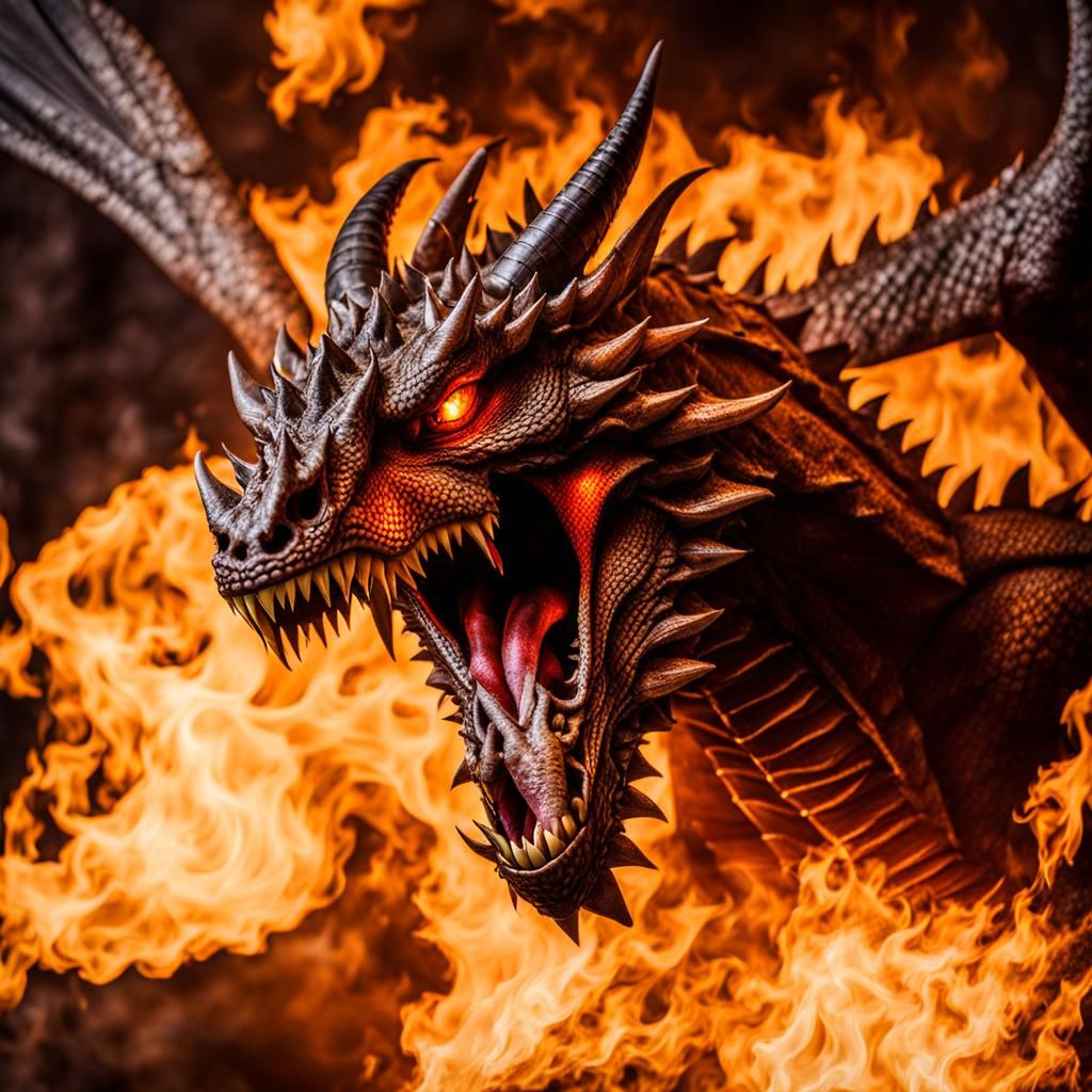 Fierce Fire Dragon with Open Wings: Raw Photo