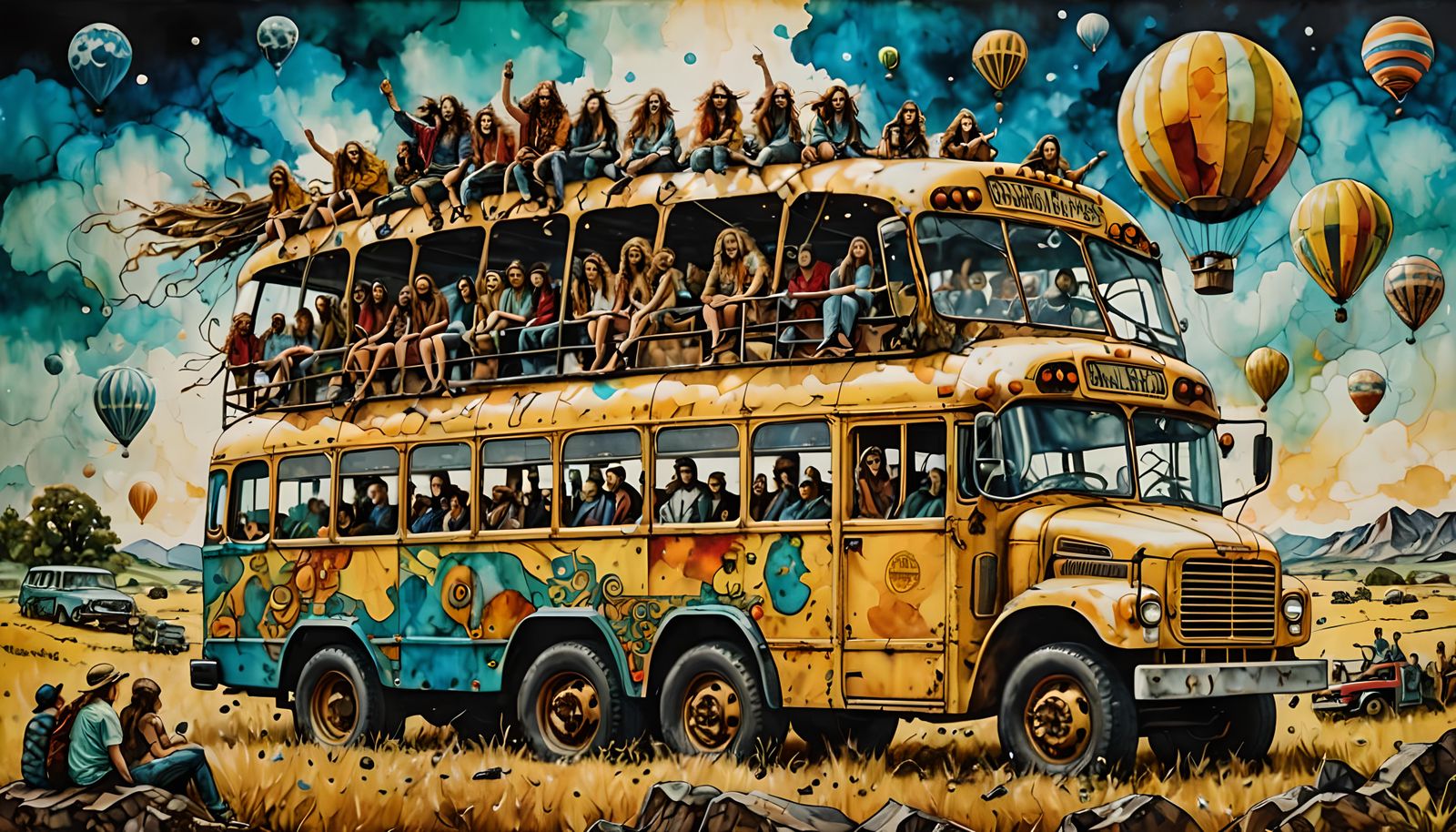 Hippie Bus at Woodstock in Alcohol Ink Style