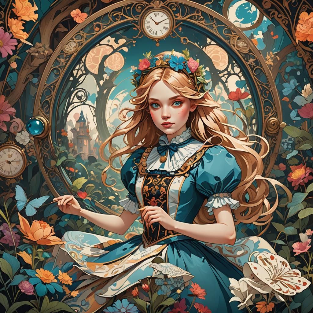 Alice in Wonderland in Alphonse Mucha Style