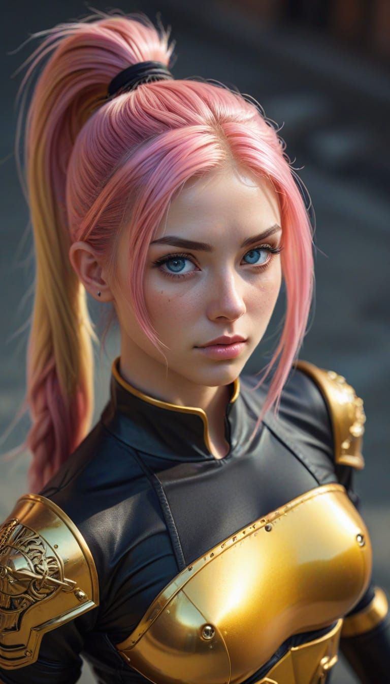 Warrior Girl with Blonde and Pink Hair in Gold Outfit
