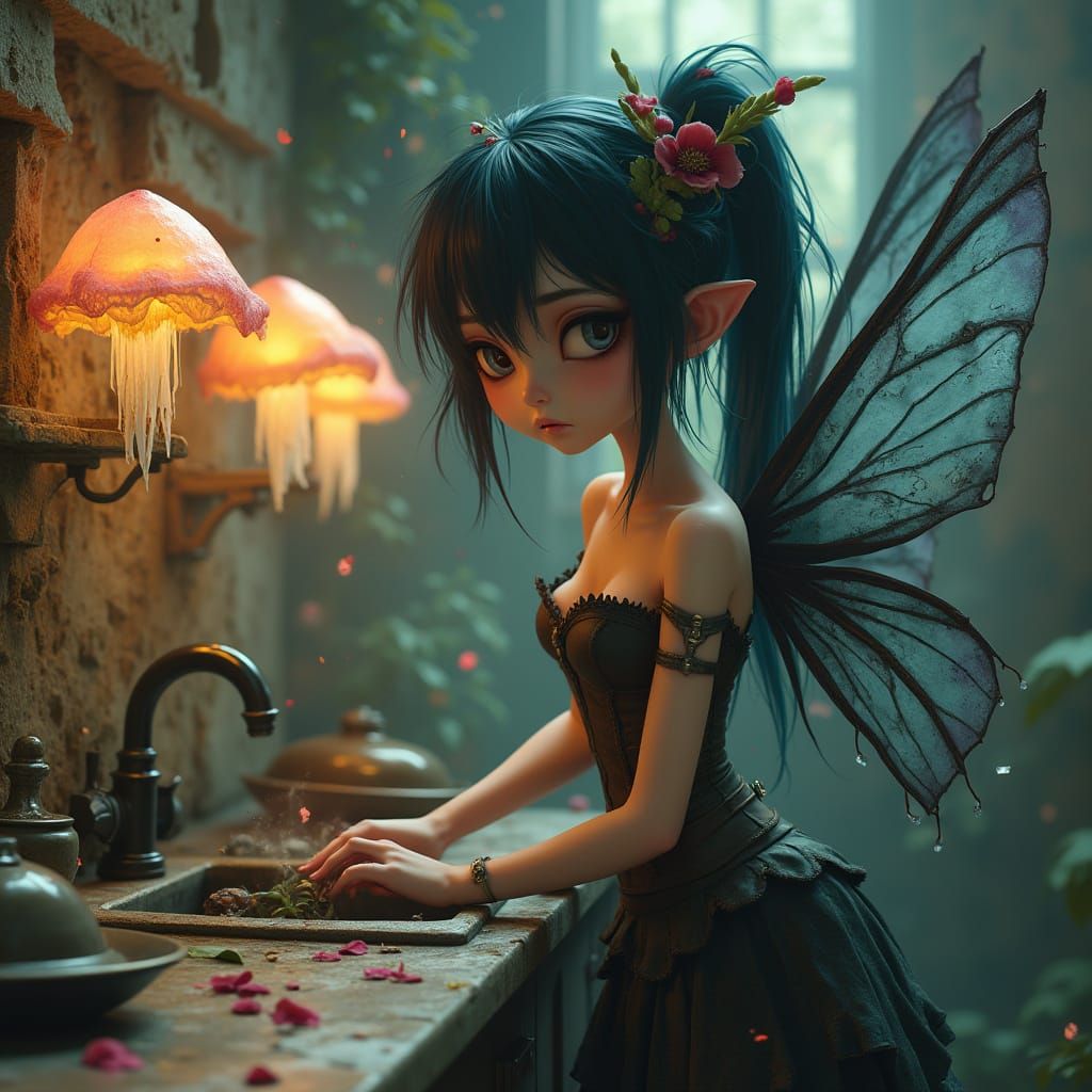 Dark Fantasy Fairy Washing Dishes