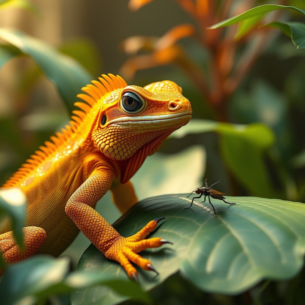 Vibrant Frilled Lizard Surveys Terrarium Prey in Photorealis...