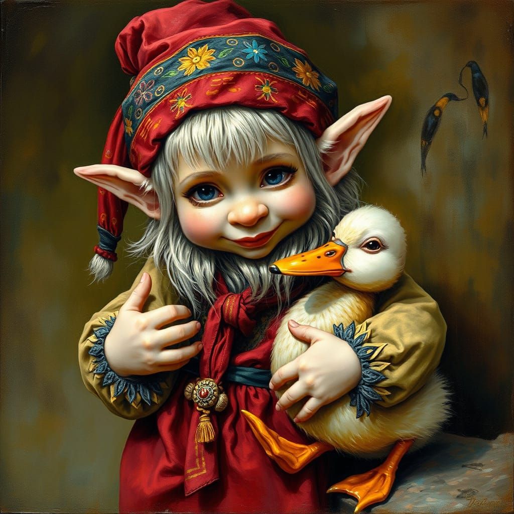 Norwegian Troll Toddler and Duck in Folk Art Style