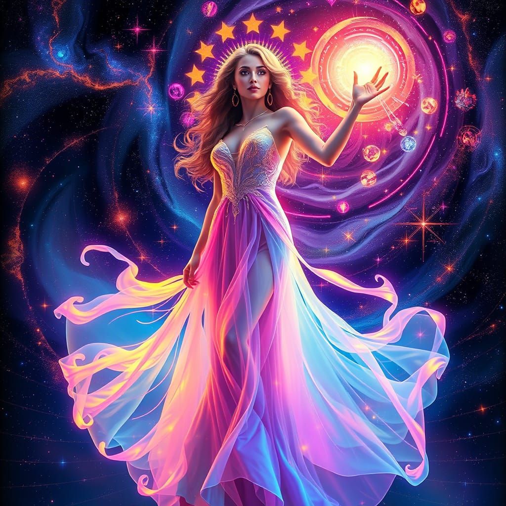 Iridescent Woman in Celestial Gown Amidst Astral Energies