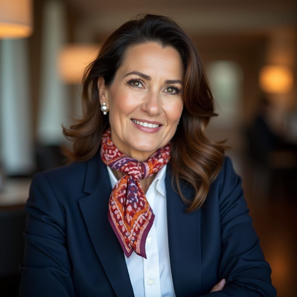 Elegant Businesswoman in Navy Blazer with Geometric Scarf