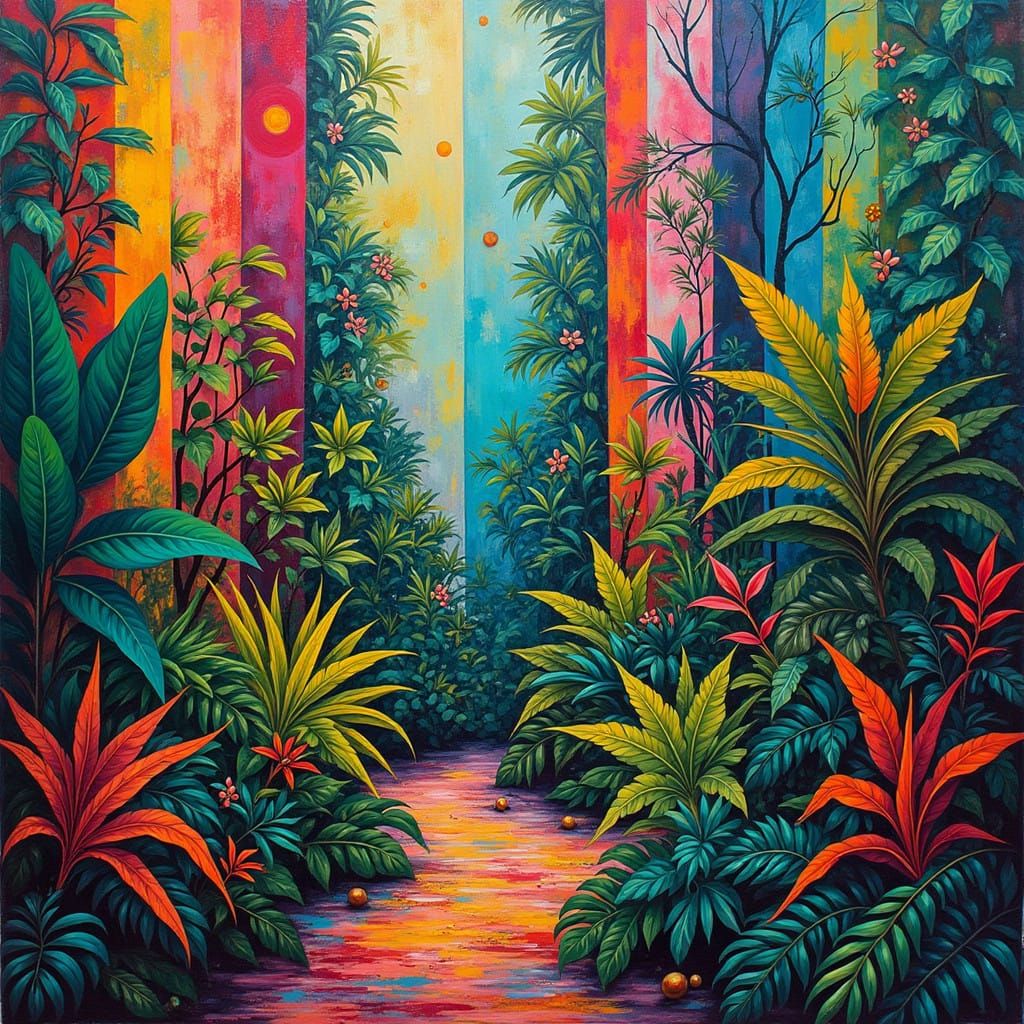 Vibrant Jungle Meets Geometric Chaos in Fauvist Style