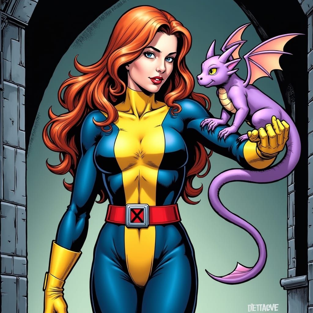 Whimsical X-Men Comic Panel of Kitty Pryde and Lockheed