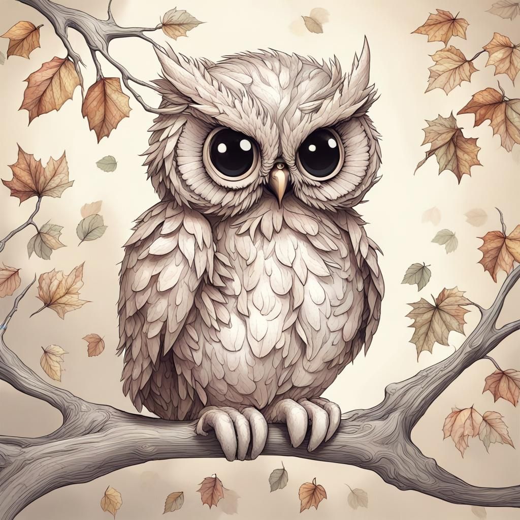 Chibi Owl in Autumn Forest, Fantasy Art