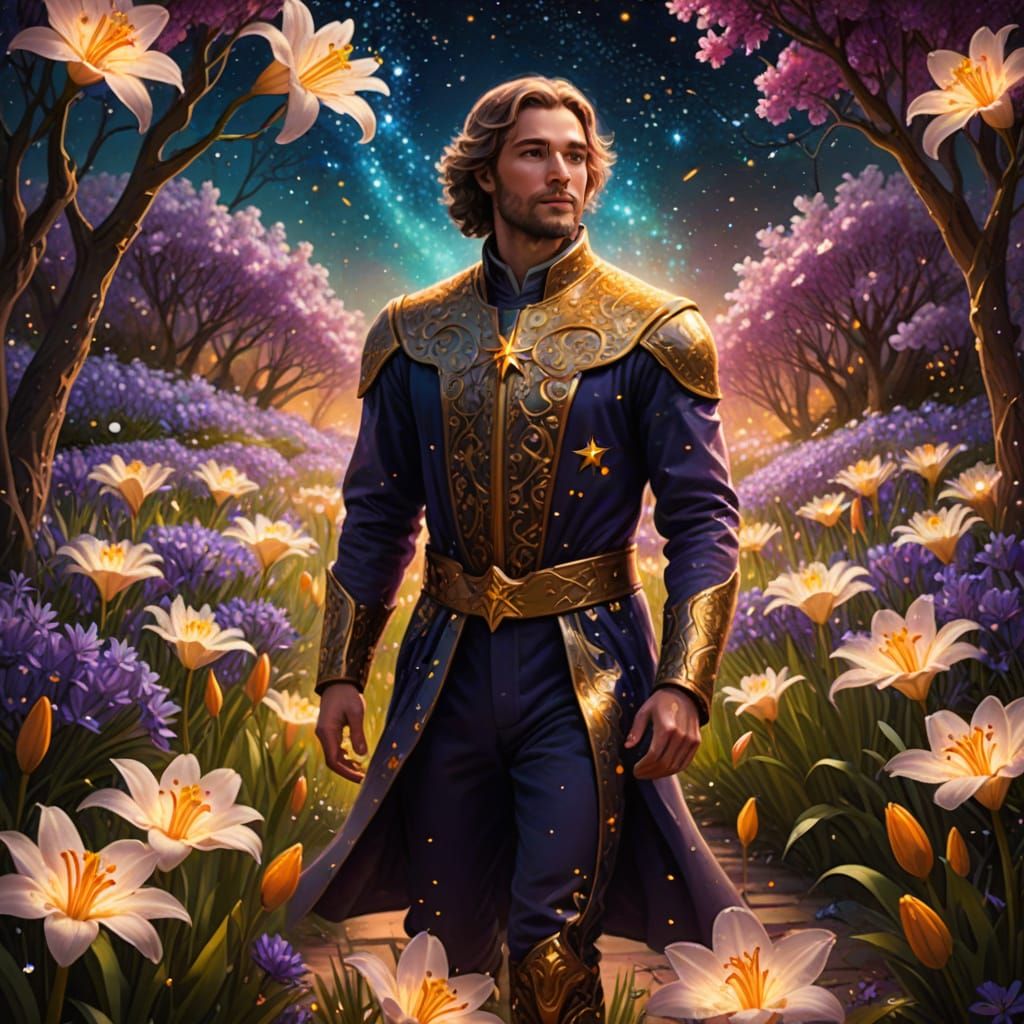 Celestial Star Man in Lily Garden: Fantasy Art