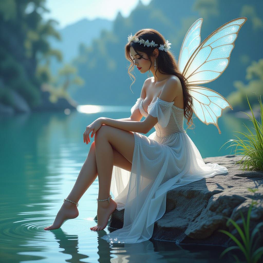 Moonlight Fairy Overlooking a Pond, Art Nouveau Style
