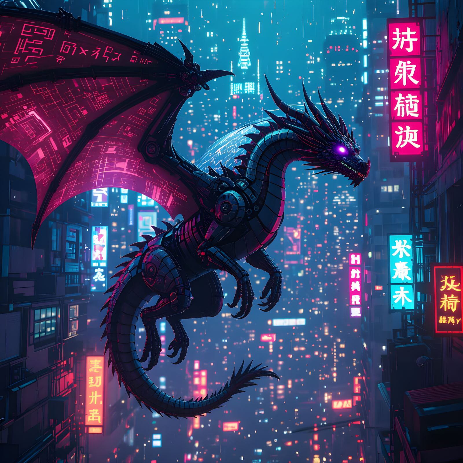 Cyberpunk Biomechanical Dragon Soaring Through Neon Cityscap...