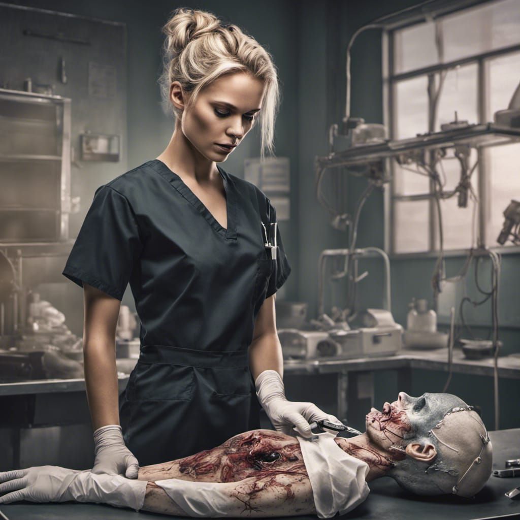 Blonde Doctor Performing Autopsy: Detailed Matte Painting