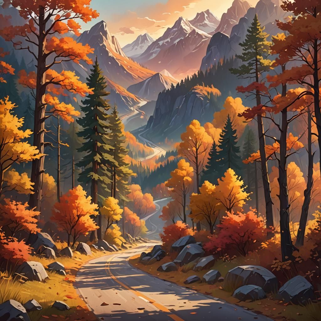 Autumn Forest Road Illustration in Flat Design