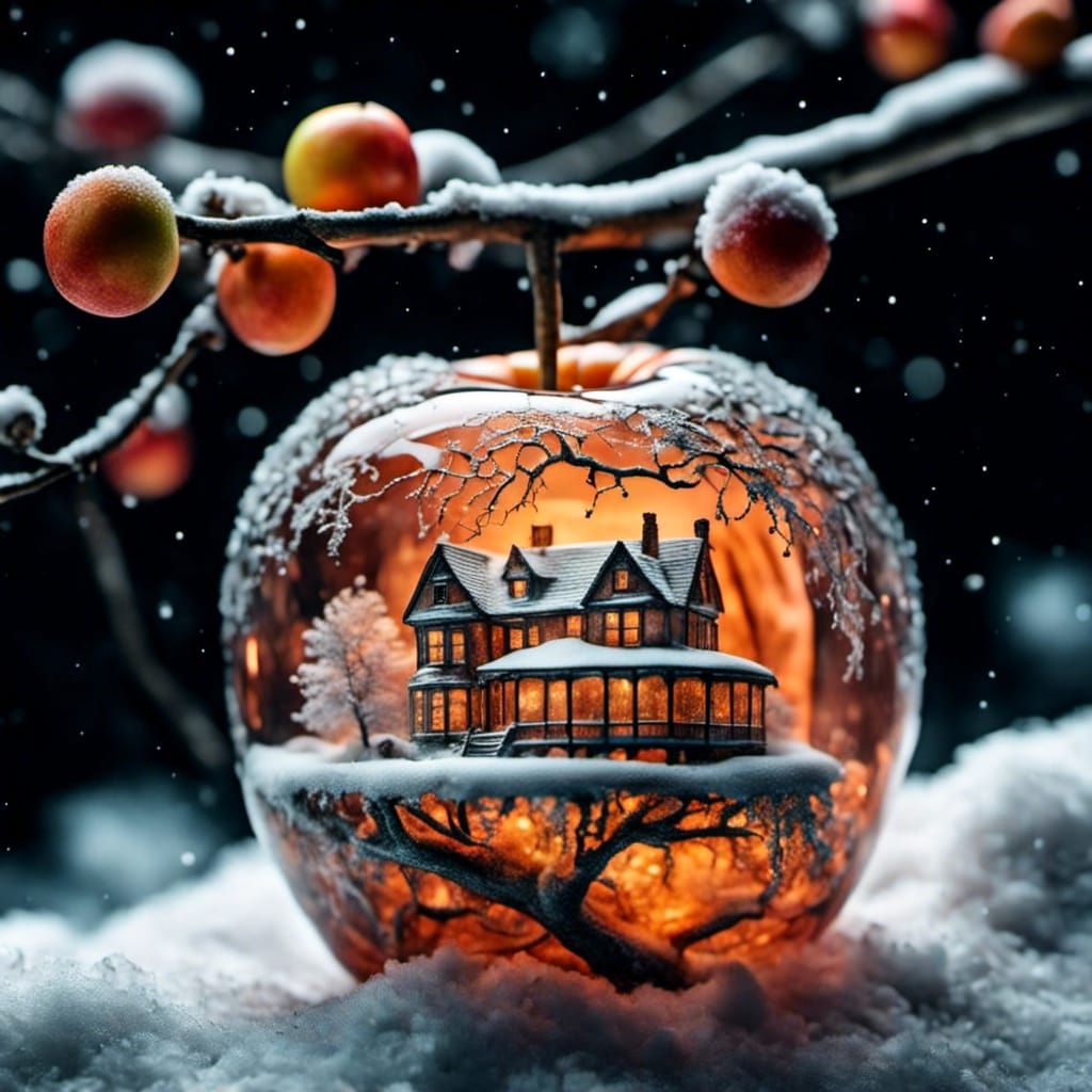 Glowing Tangerine Fairy House on Snowy Apple Tree