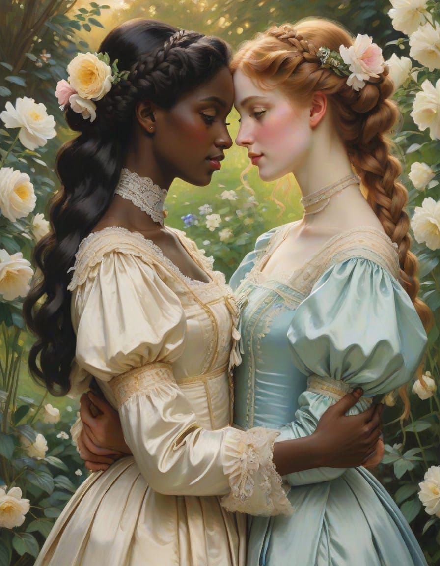 Two Victorian Women Share Intimate Moment in Flowering Garde...