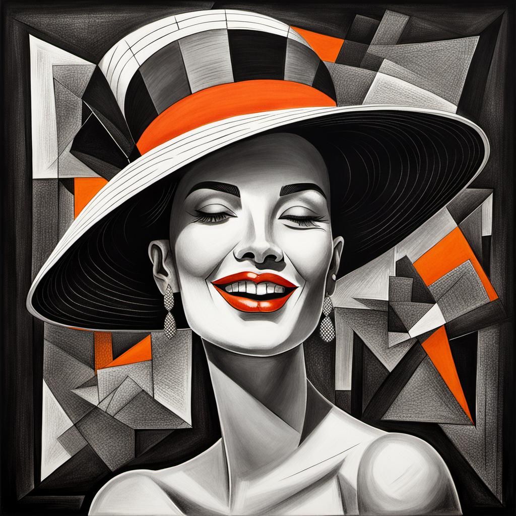 Fashion Illustration of Laughing Woman in Cubist Style