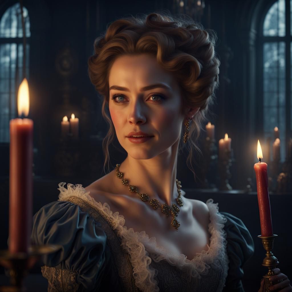 Victorian Woman Lighting Candle in Detailed Digital Art