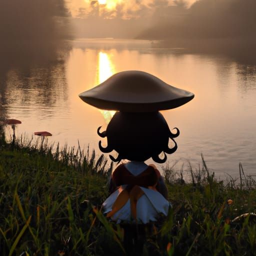 Misty Sunset: Magical Mushroom Fairy Landscape