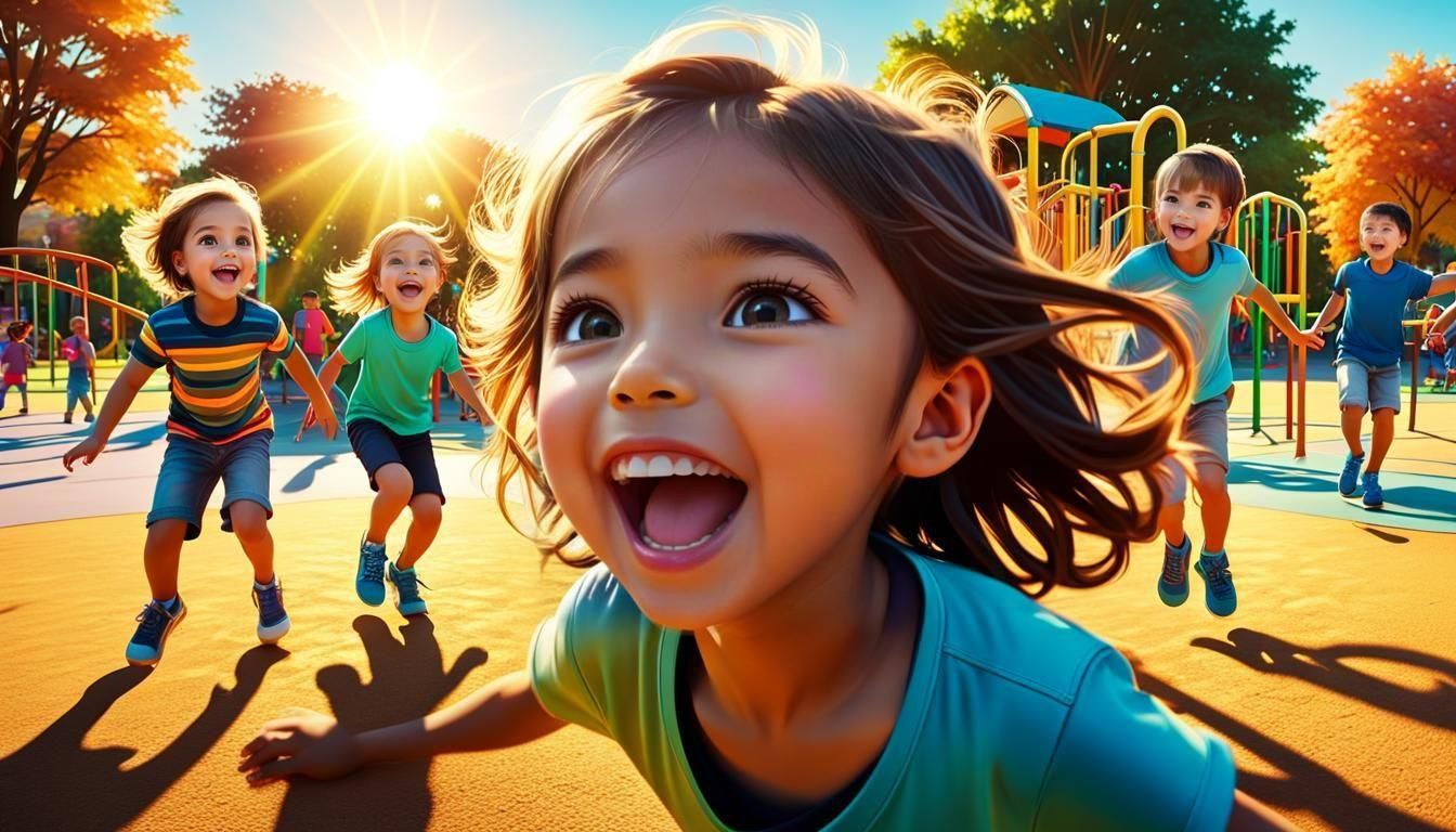 Happy Children Playing in Playground at Golden Hour