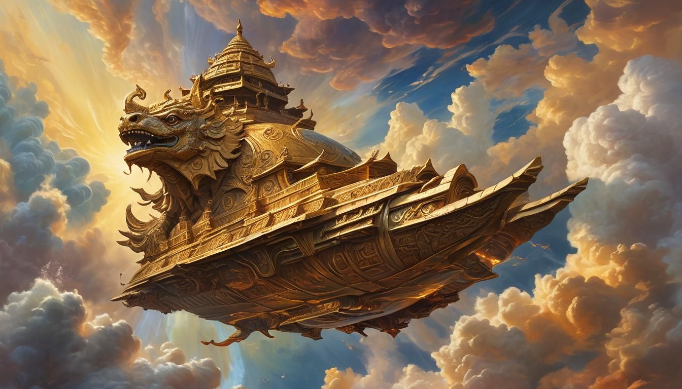 Majestic Vimana Soaring Through Golden Sunlight as Oil Paint...