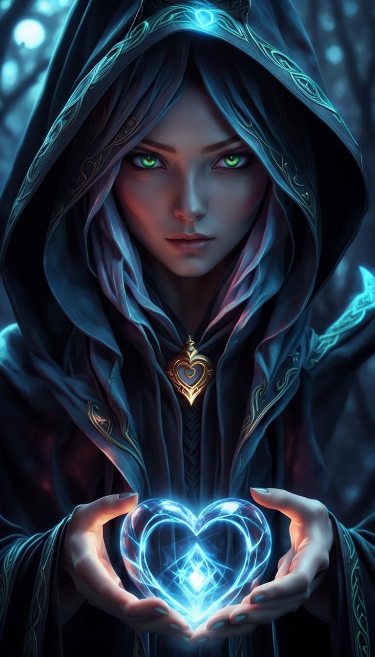 Mystical Witch Holding a Glowing Heart: 3D Anime Fantasy