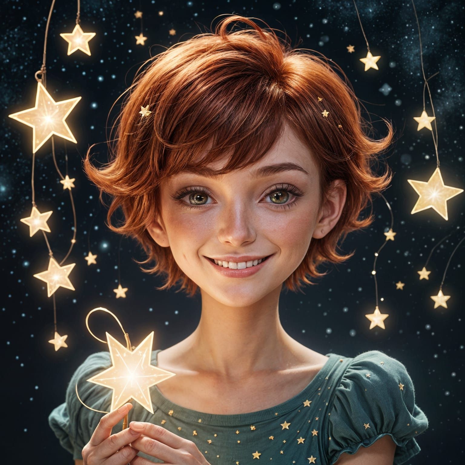 Glowing Pixie Cut Girl with Dark Red Hair
