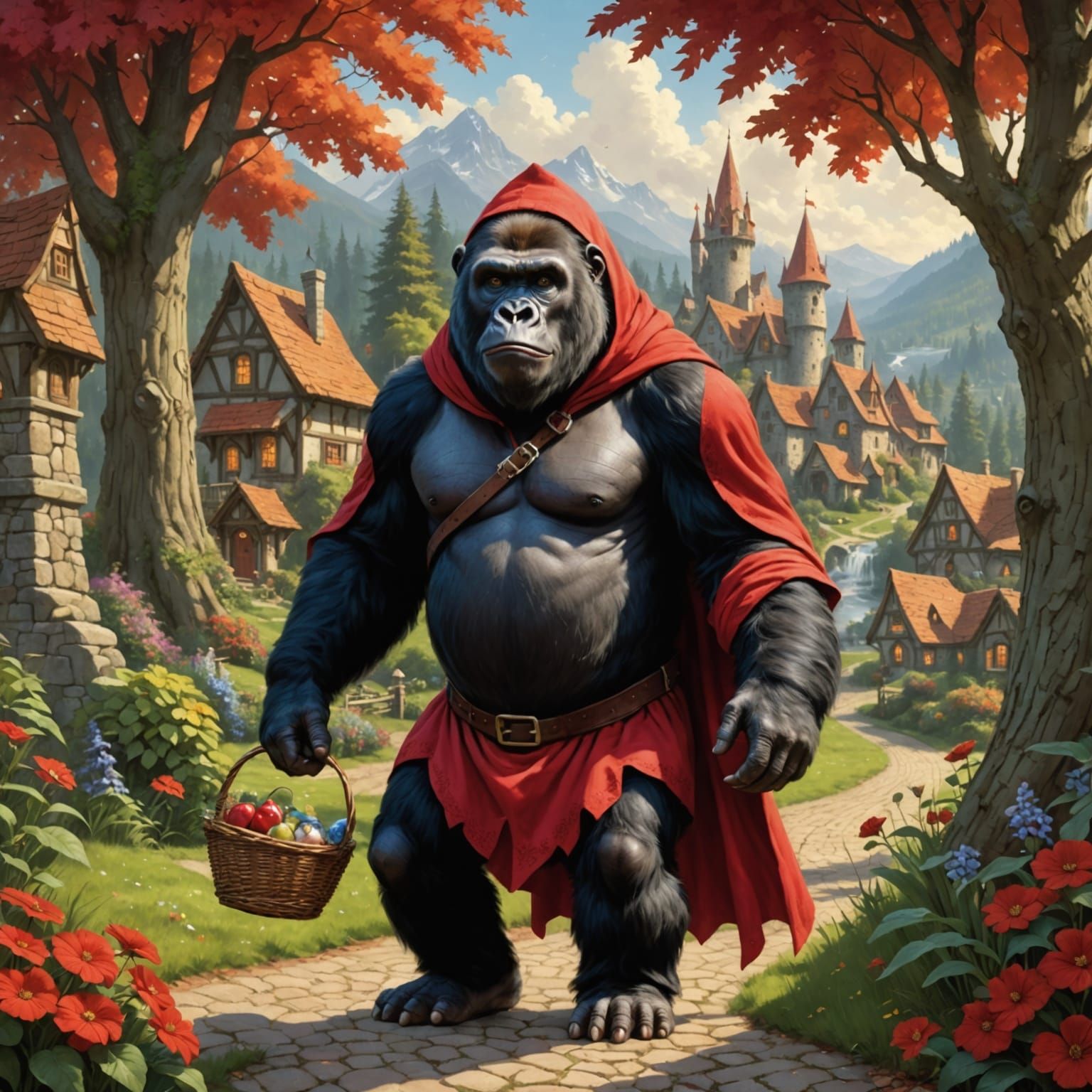 Gorilla in a Storybook Red Hood