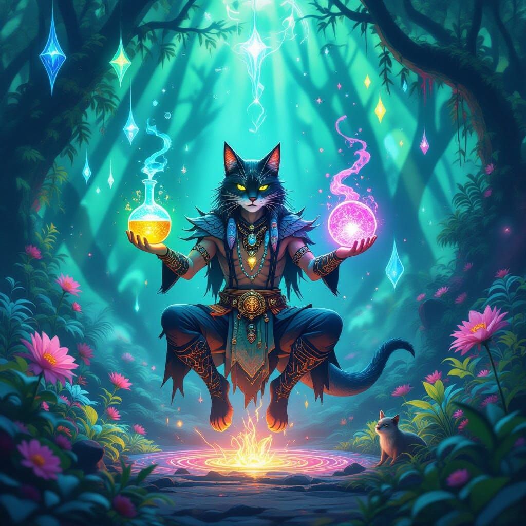 Surreal Shaman Brewing Potion in Fluorescent Forest