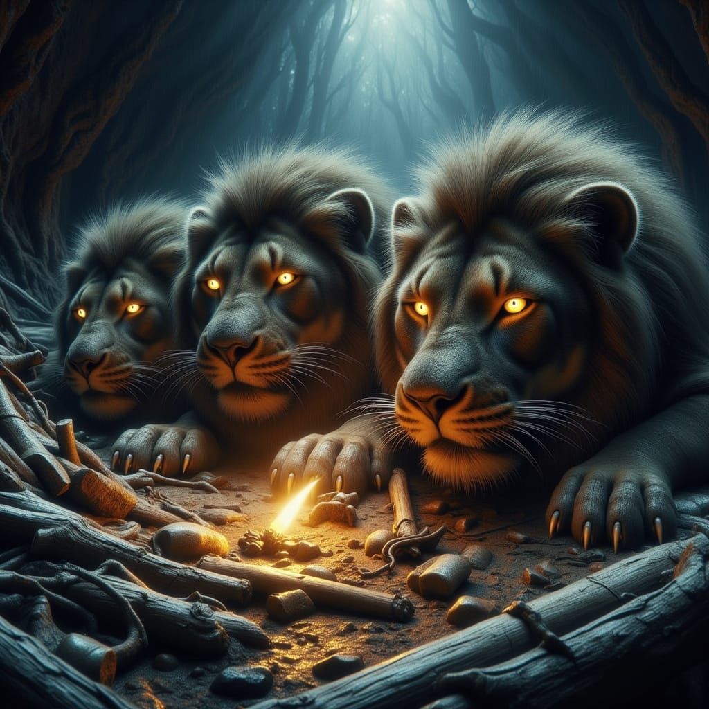 Cave Lions Feast on Mammoth Bones in Glowing Cavern