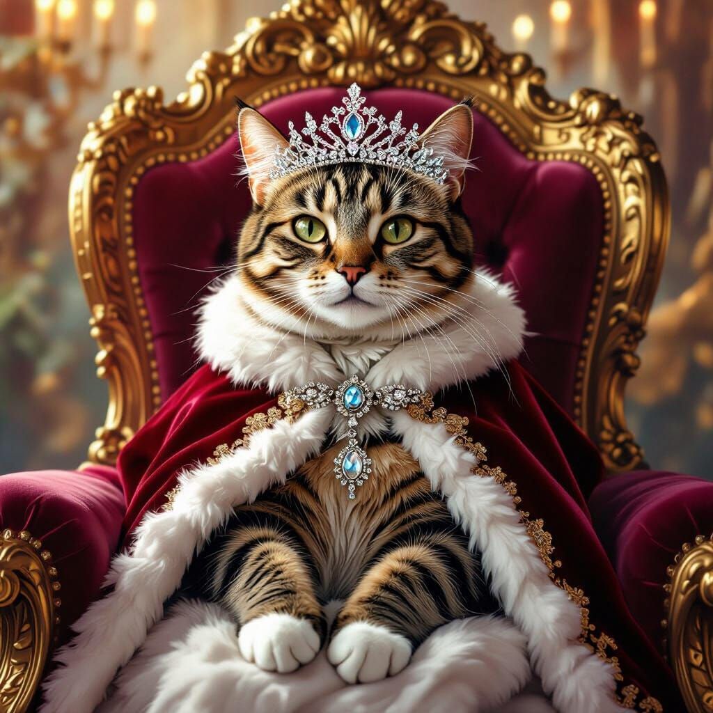 Regal Tabby Cat on Velvet Throne in Opulent Palace