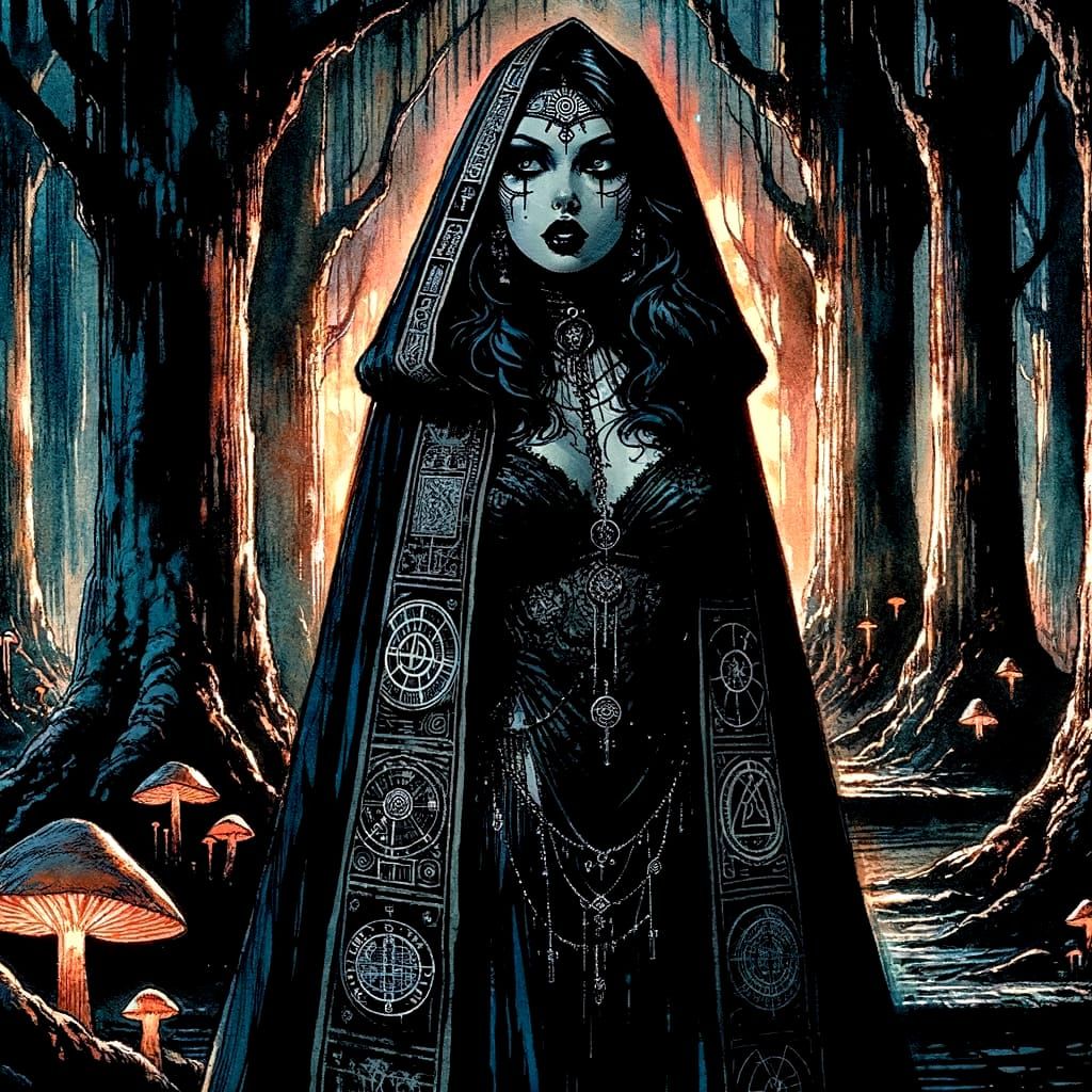Goth Witch in Dark Forest, as Dark Comic