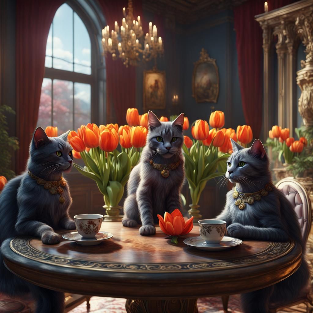 Cats at Tulip Table: Detailed Matte Painting