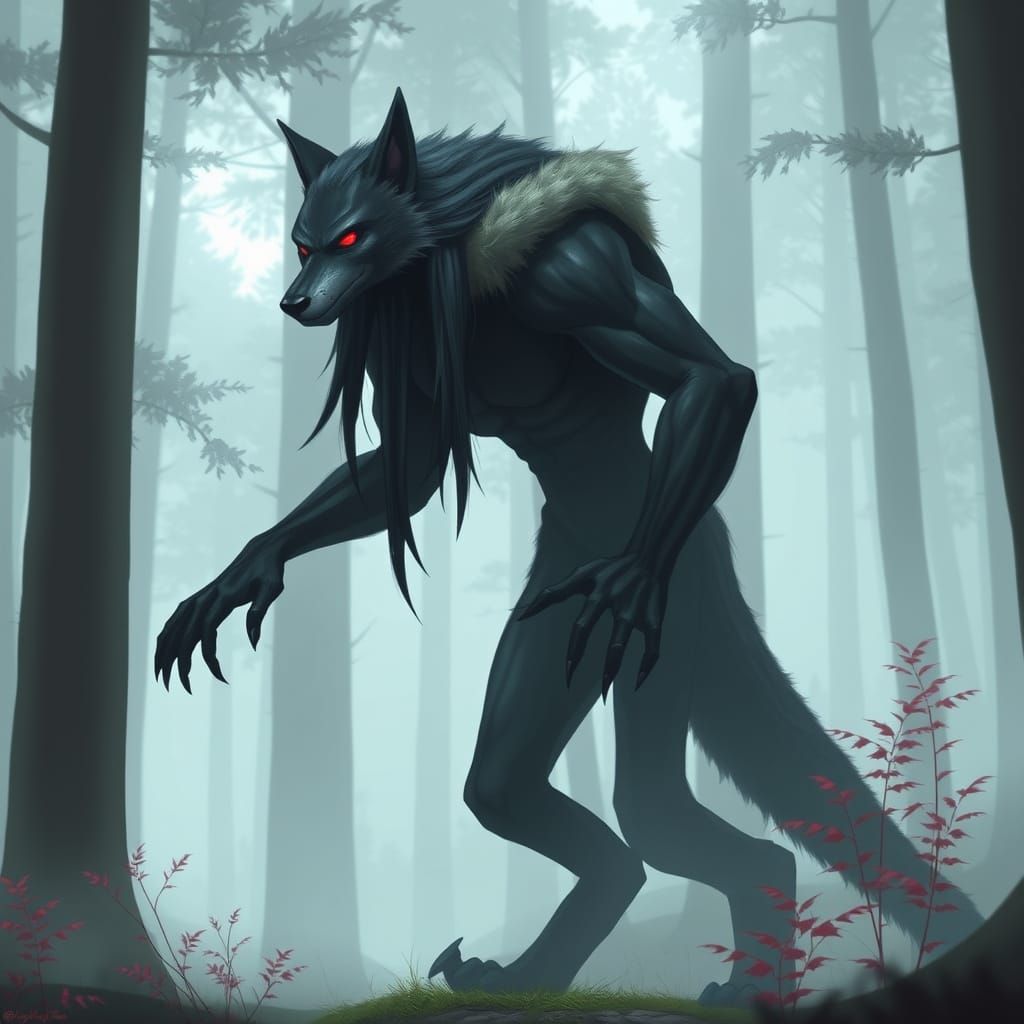 Wolf-Like Creature Emerges from Misty Forest