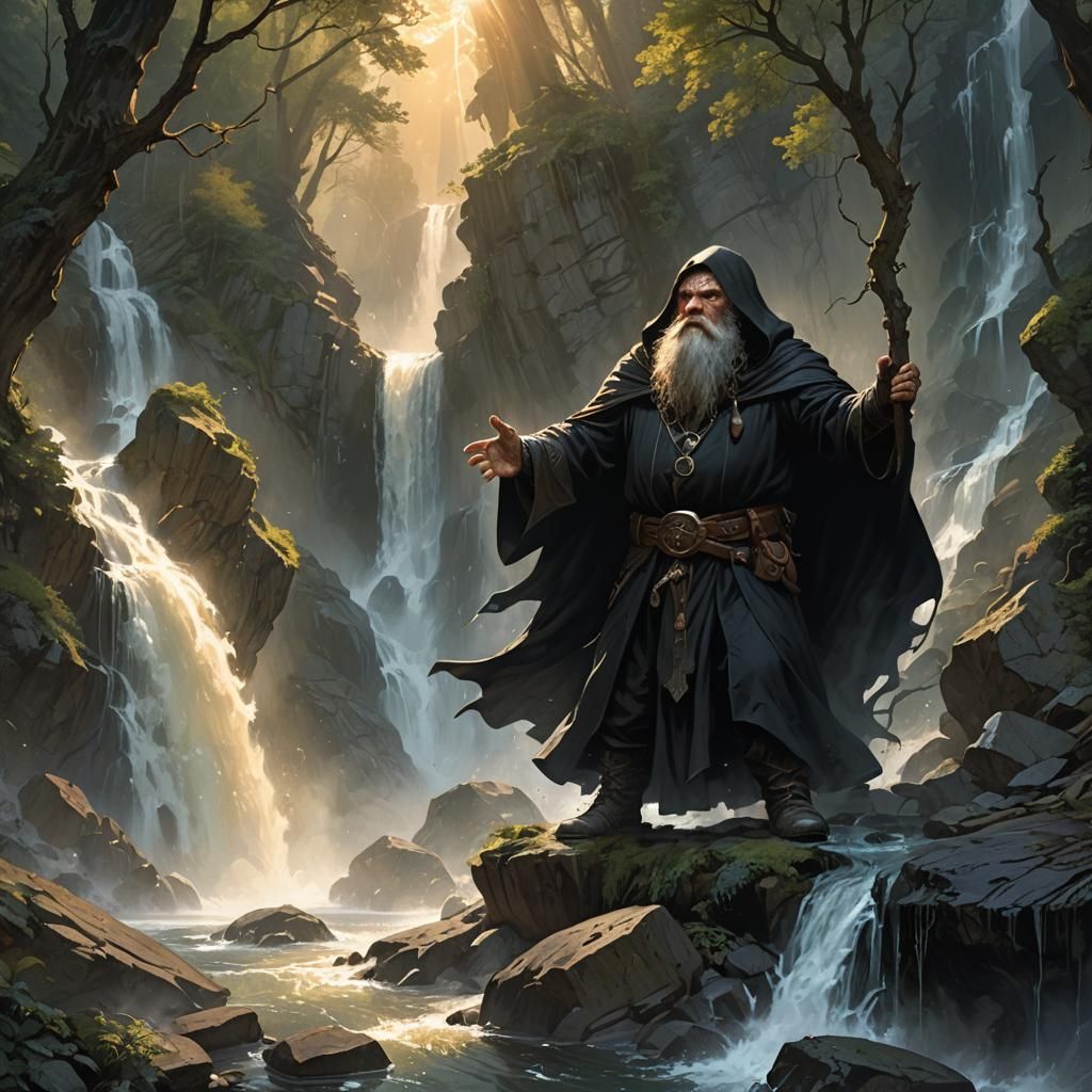Dark Fantasy Dwarf in Forest at Sunrise