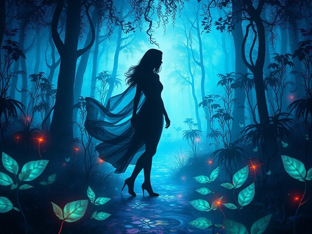 She walks in the mystical forest.