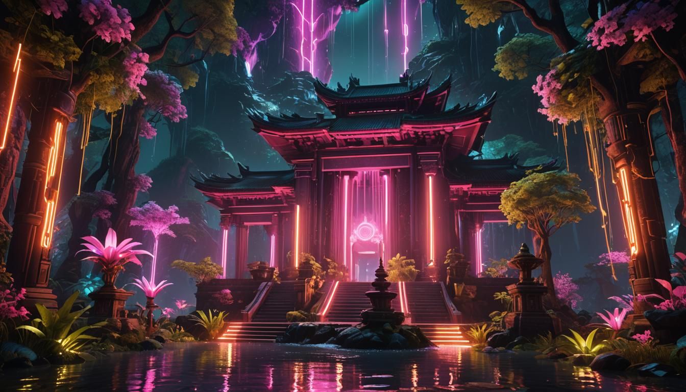 Futuristic Neon Temple in Magical Forest at Night