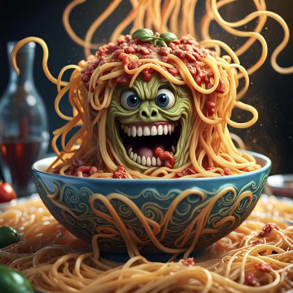 Spaghetti Monster Bowl: Hyperrealistic 3D Render