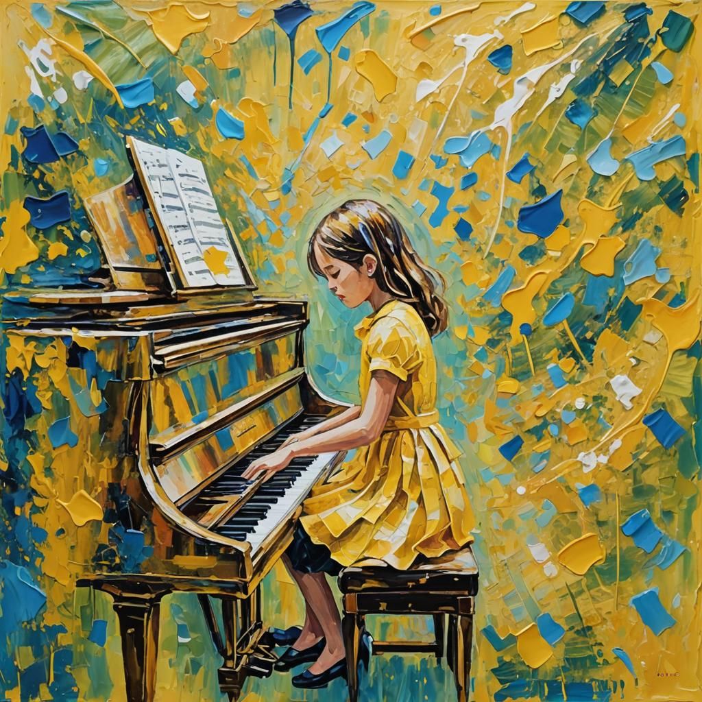 Girl Playing Piano in Yellow Neo-Impressionist Style