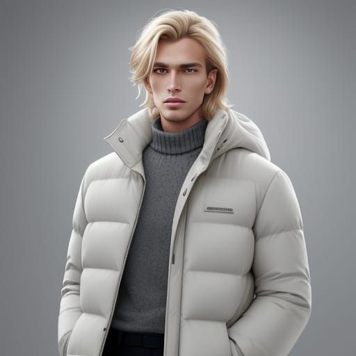 Handsome German Model in Minimalist Studio, White Puffer Jac...