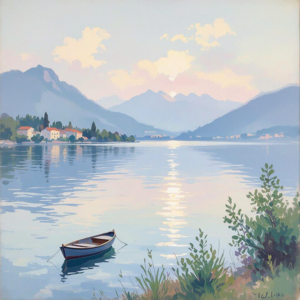 Serene Lake Leman Landscape in Soft Pastel Style