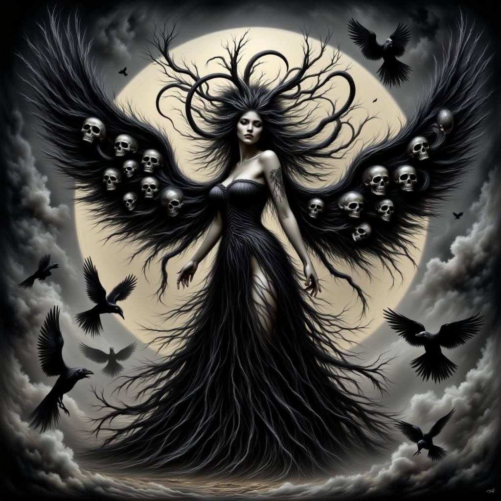 Mystical Elf Creature with Feather Wings and Horns