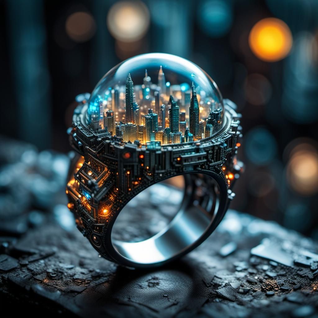 Intricate Sci-Fi Ring with Miniature City, Hyperrealistic