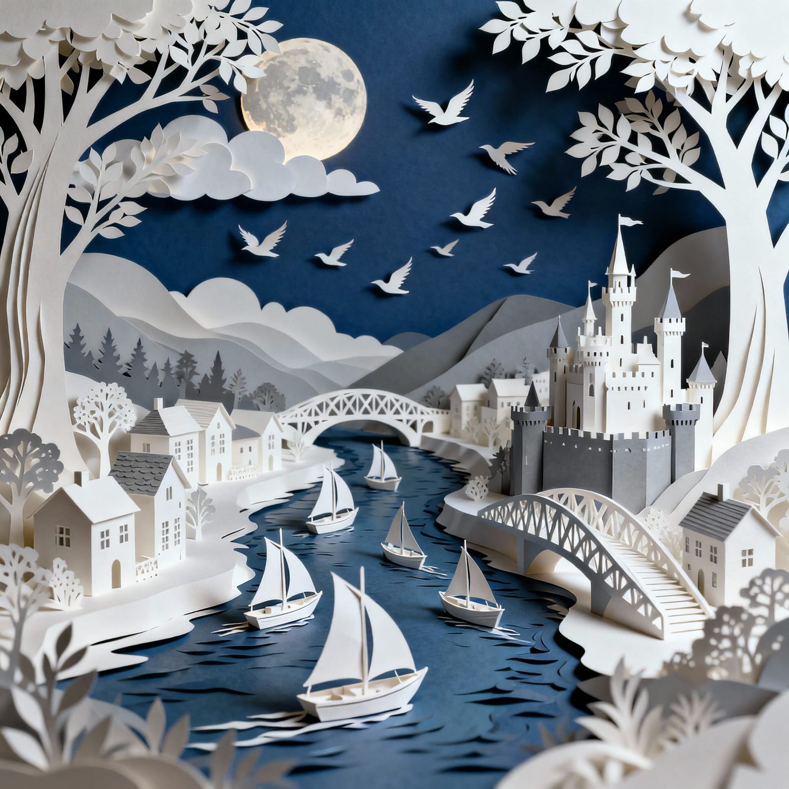 Fantasy Paper Art Landscape with Boats and Castles at Dusk