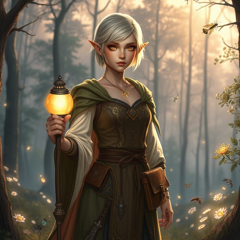 Young Bosmer-Altmer Mage in Serene Forest at Dusk