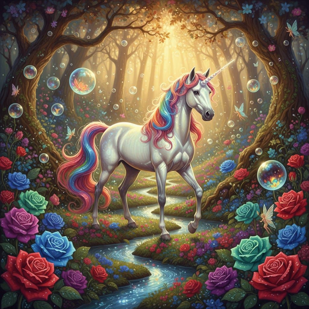 Majestic Unicorn in Enchanted Garden with Luminous Flowers