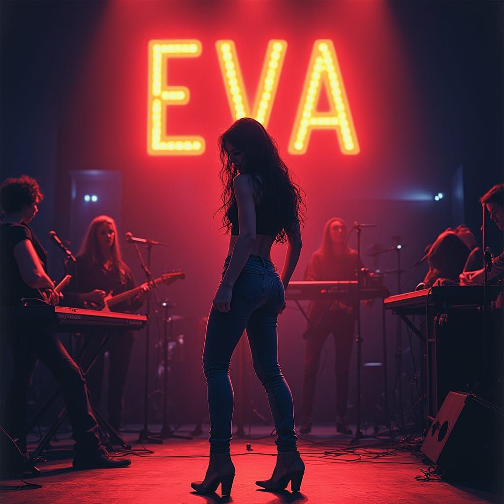 Eva Shines Under Concert Spotlight in Graphic New Wave Style